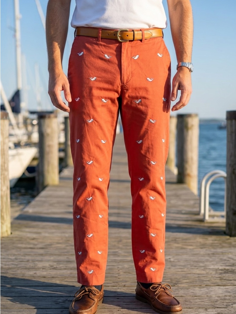 Castaway Nantucket Beachcomber Pants Men 35/UF Embroidered Dolphin Raw Hem Coral